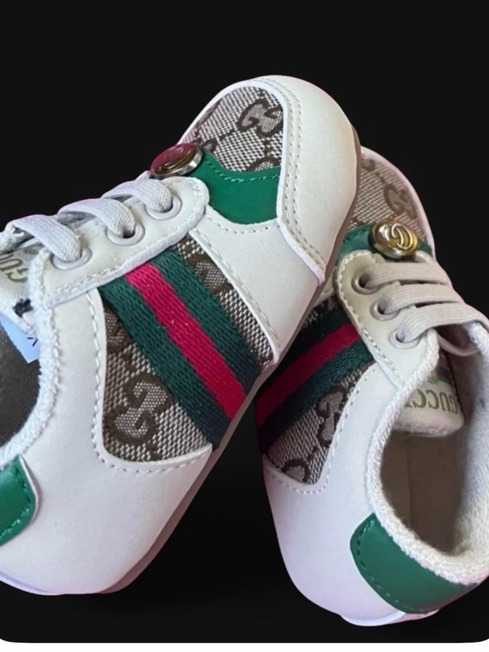 Gucci Kids Multi-Color GG Logo and White Leather T-Strap Sneakers